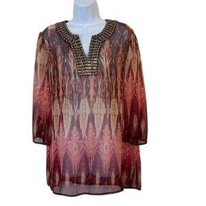 Chicos‎ Size 2 Beaded Neck Tunic Top Blouse Sheer Ikat Print Kimono Sleeve